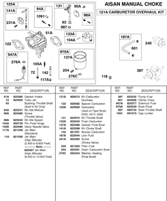 Aisan Manual Choke Carburetor Diagram and Parts List for 589447-0334-XX  Briggs and Stratton Engine